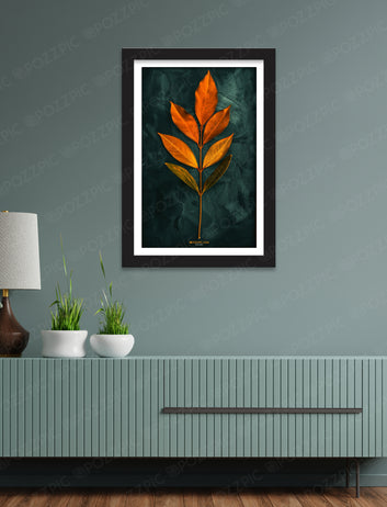 An orange and green leaf rests elegantly on a contrasting black background, highlighting its   Living Room, Bedroom, Home, Office, Hotels            vibrant colors.