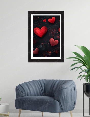 Modern Love Hearts Wall Art Print, Black Frame, Red and Black Romantic Design, 3D EffectLiving Room, Bedroom, Home, Office, Hotels
