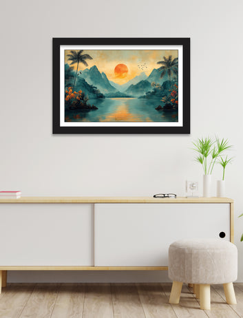 Mountains With Sun Nature Canvas Painting framed for Living Room, Bedroom, Home, Office, Hotels decore