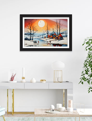 Mountains With Sun and hut Nature Canvas Painting framed for Living Room, Bedroom, Home, Office, Hotels decore