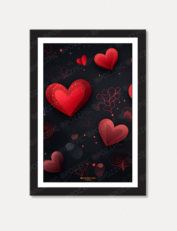 Modern Love Hearts Wall Art Print, Black Frame, Red and Black Romantic Design, 3D EffectLiving Room, Bedroom, Home, Office, Hotels