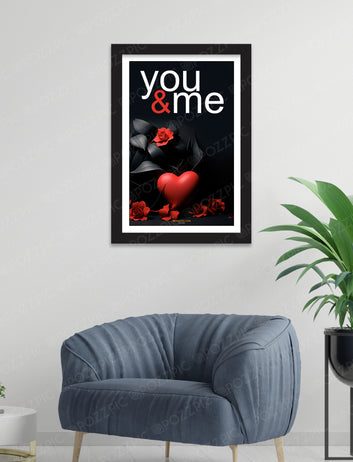 Romantic Wall Art Print, You & Me with Red Heart and Roses, Black Frame, Modern Love Decor Living Room, Bedroom, Home, Office, Hotels