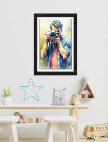 A watercolor painting depicting a man holding a camera, capturing a moment with artistic flair and vibrant colors. for photo studio