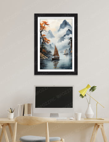 Unique Framed Landscape Painting,Misty Mountains with Sailboat home decor ofiice decor with black framed