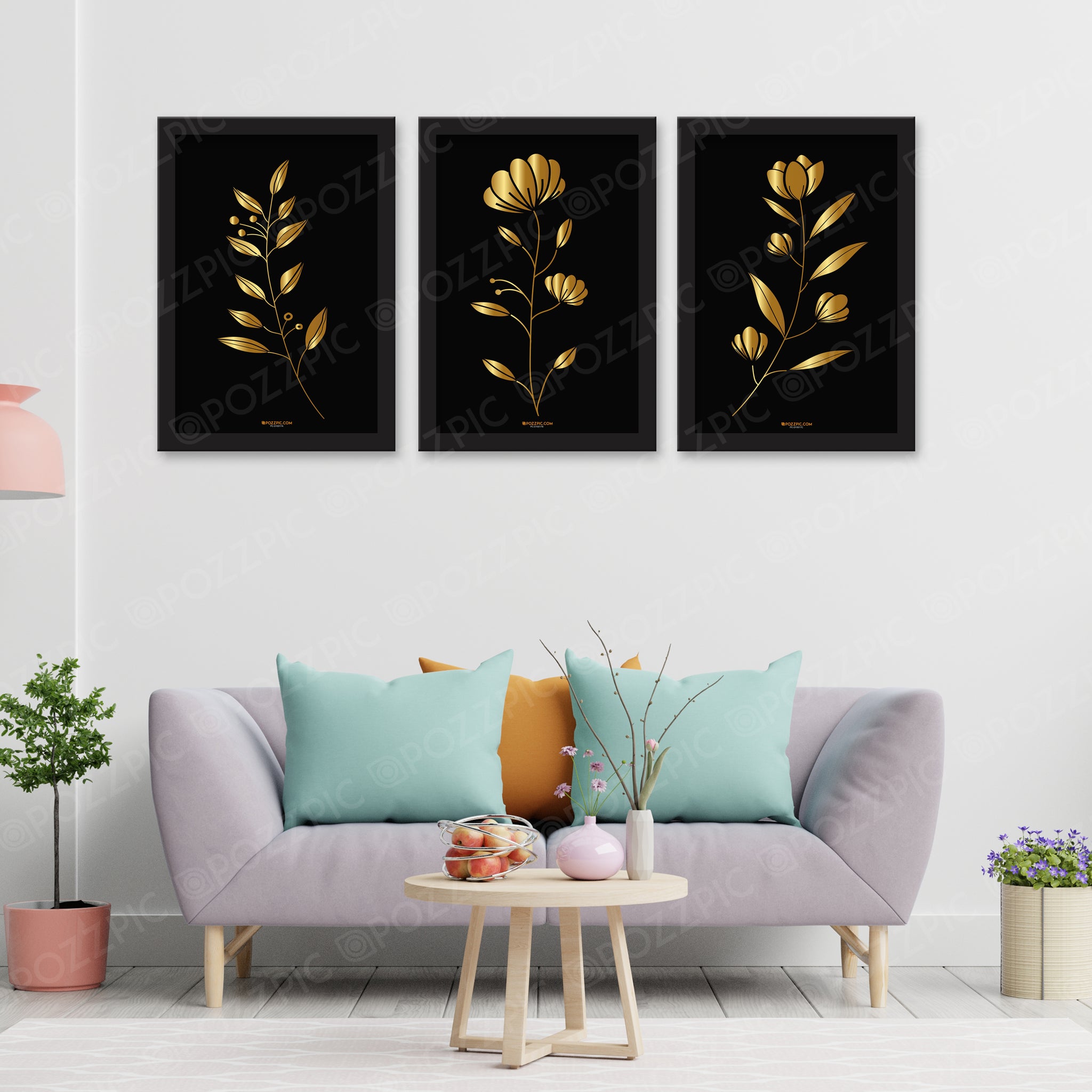 Beautiful Golden Flower and Waves Floating 3 set digital painting for Living Room, Bedroom, Home, Office, Hotels