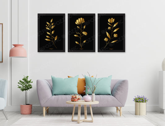 Beautiful Golden Flower and Waves Floating 3 set digital painting for Living Room, Bedroom, Home, Office, Hotels