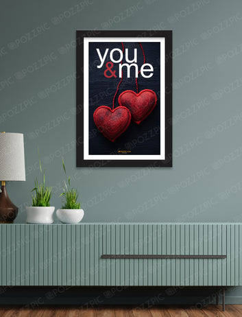 Romantic Wall Art Print, You & Me with Red Heart and Roses, Black Frame for Living Room, Bedroom, Home, Office, Hotels