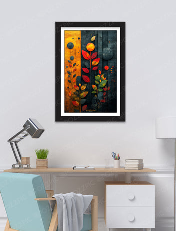 Colorful abstract leaves depicted on a contrasting black background, creating a striking visual effect. for Living Room, Bedroom, Home, Office, Hotels