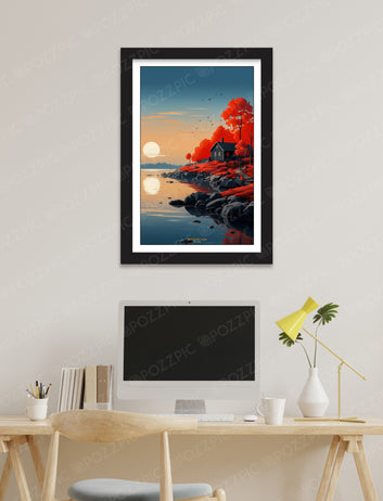 Framed Landscape Wall Art, Sun Scene with House by Lakeunique attractiv useful photo frame forLiving Room, Bedroom, Home, Office, Hotels