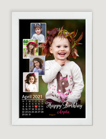 Birthday Customised Photo wtih calendar and name white Framed