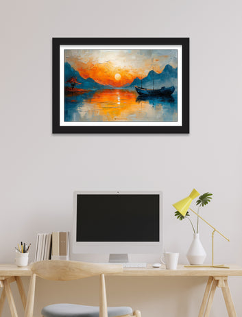 Ocean Sun And Solitary Boat Wall Painting framed for Living Room, Bedroom, Home, Office, Hotels decore