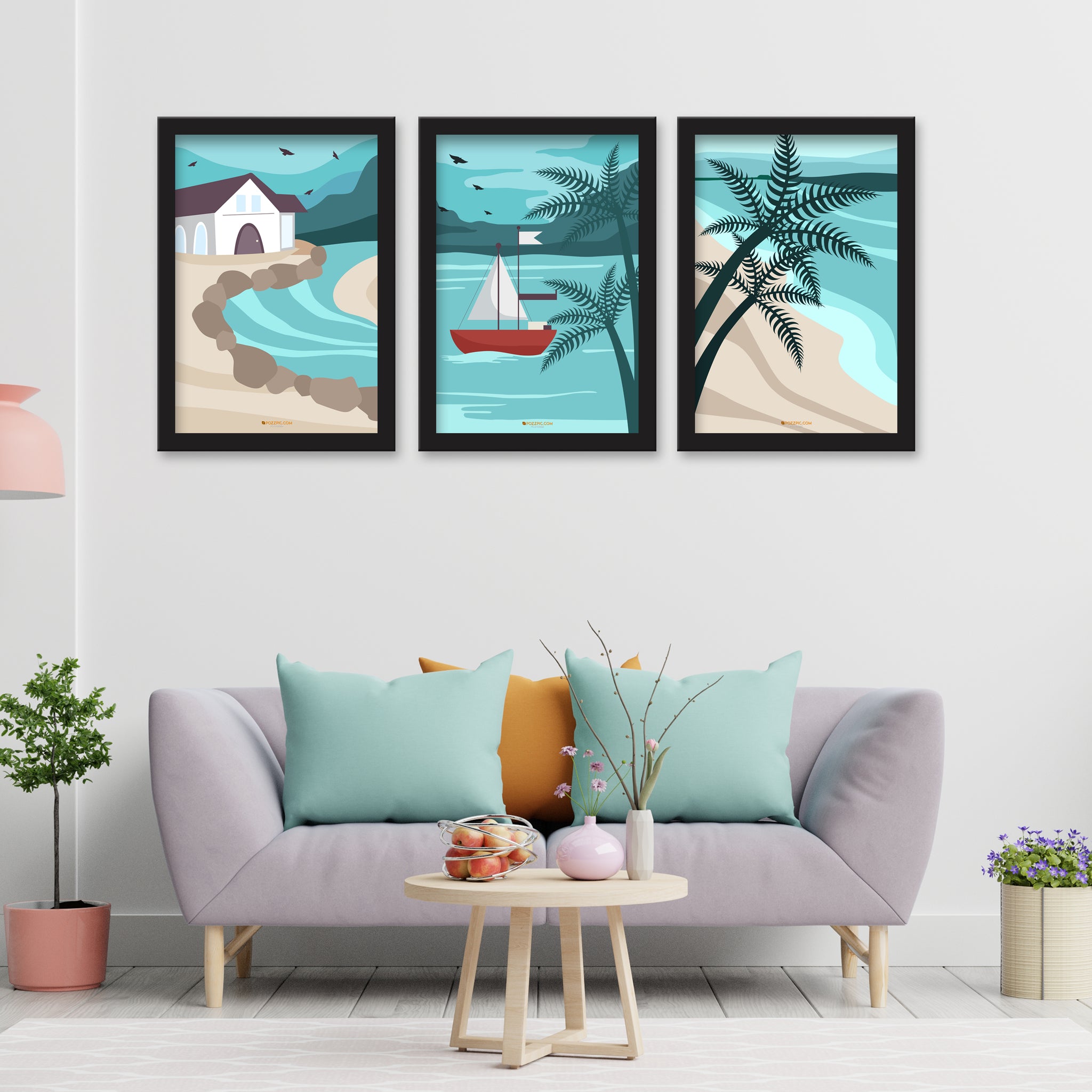 Coconut tree & boat 3 Piece Set of Framed Wall Hanging Photo Frame | For Hotel, Office & Home