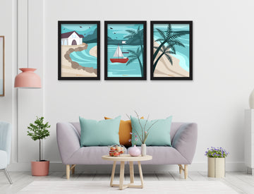 Coconut tree & boat 3 Piece Set of Framed Wall Hanging Photo Frame | For Hotel, Office & Home