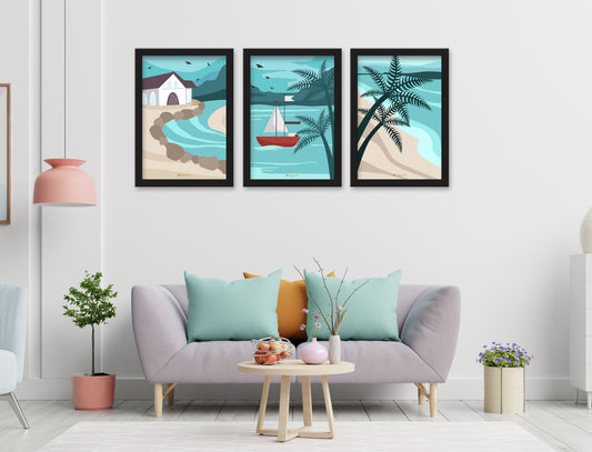 Coconut tree & boat 3 Piece Set of Framed Wall Hanging Photo Frame | For Hotel, Office & Home