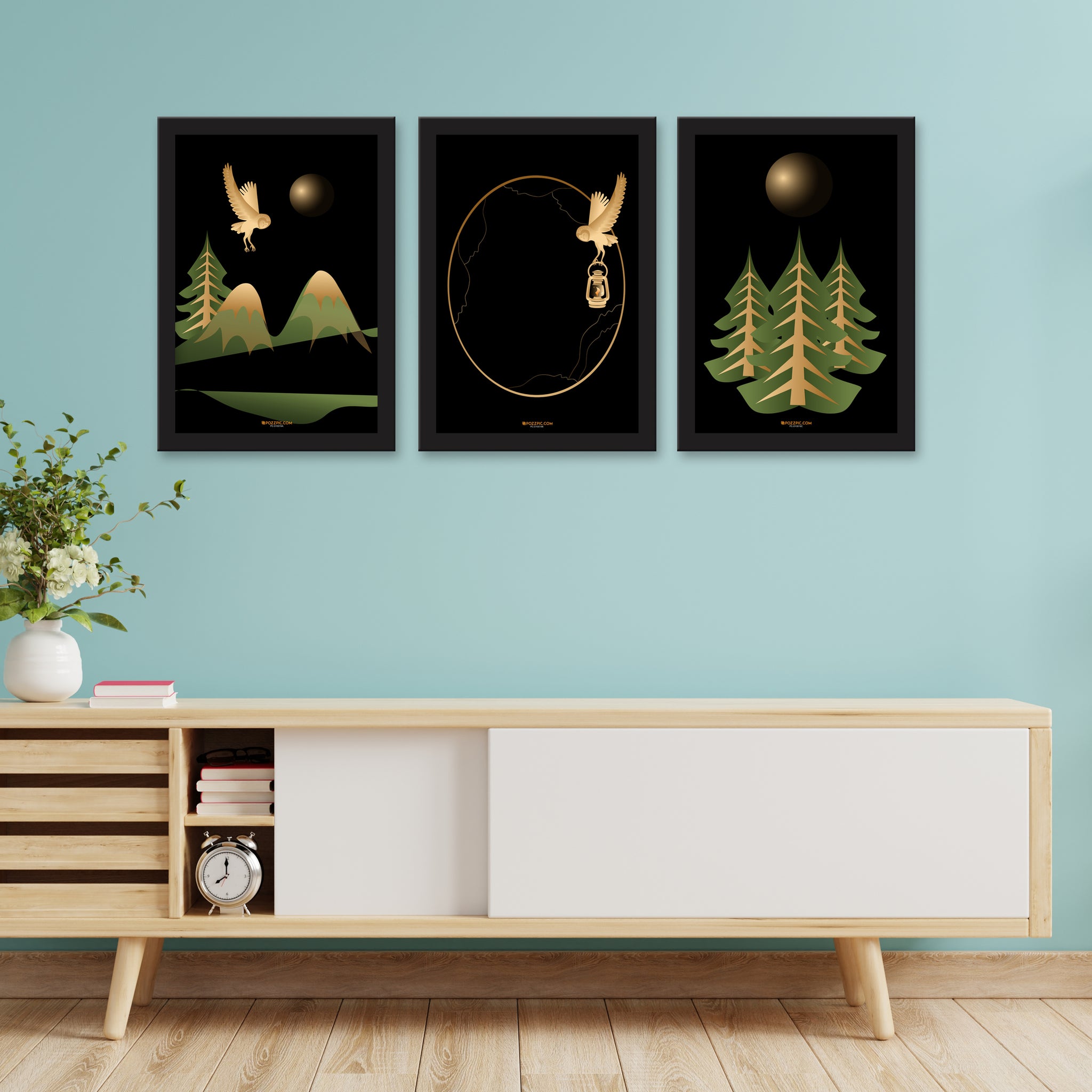 Dark night with green plants Set of 3 Piece Wall Décor Set of Framed Wall Hanging Photo Framed | For Hotel, Office & Home