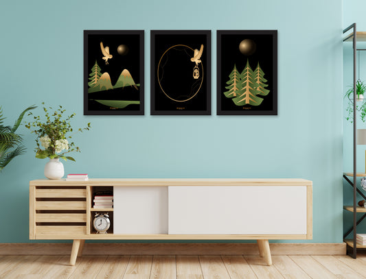 Dark night with green plants Set of 3 Piece Wall Décor Set of Framed Wall Hanging Photo Framed | For Hotel, Office & Home
