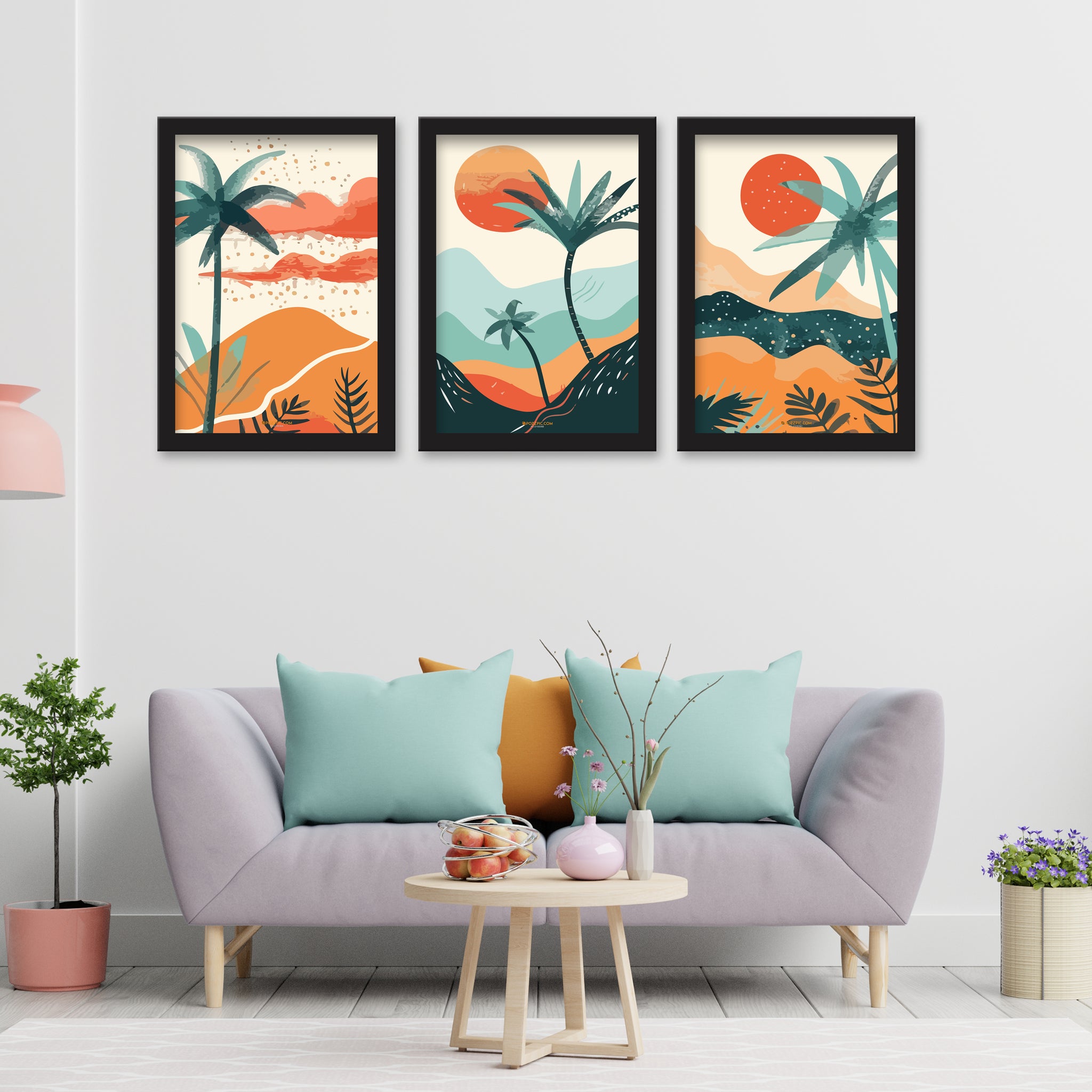 Sun with Coconut tree 3 Piece Set of Framed Wall Hanging Photo Frame | For Hotel, Office & Home