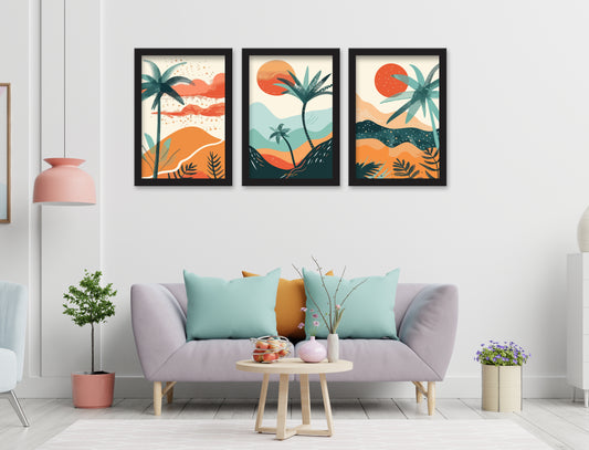 Sun with Coconut tree 3 Piece Set of Framed Wall Hanging Photo Frame | For Hotel, Office & Home
