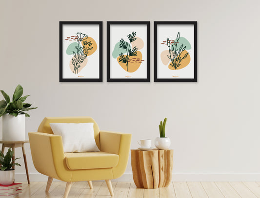 Flower with baccate 3 Piece Set of Framed Wall Hanging Photo Frame | For Hotel, Office & Home