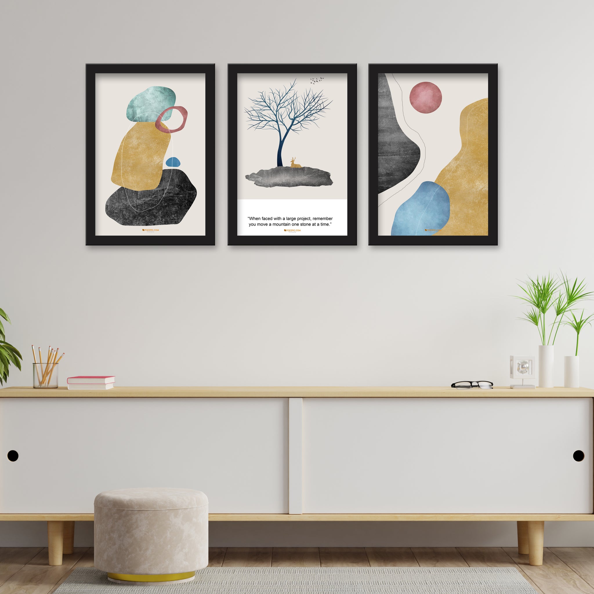 Flower Pot Floating 3 Piece Wall Décor Set of Framed Wall Hanging Photo Framed | For Hotel, Office & Home