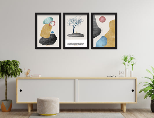 Flower Pot Floating 3 Piece Wall Décor Set of Framed Wall Hanging Photo Framed | For Hotel, Office & Home