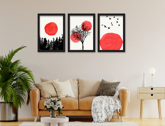 Red & black 3 Piece Set of Framed Wall Hanging Photo Frame | For Hotel, Office & Home
