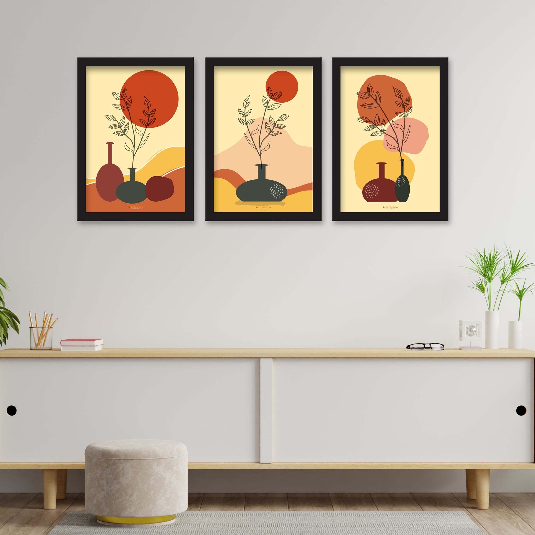 Orange background  Printed Abstract Painting Wall Art of 3 Piece Wall Décor Set of Framed Wall Hanging Photo Framed | For Hotel, Office & Home