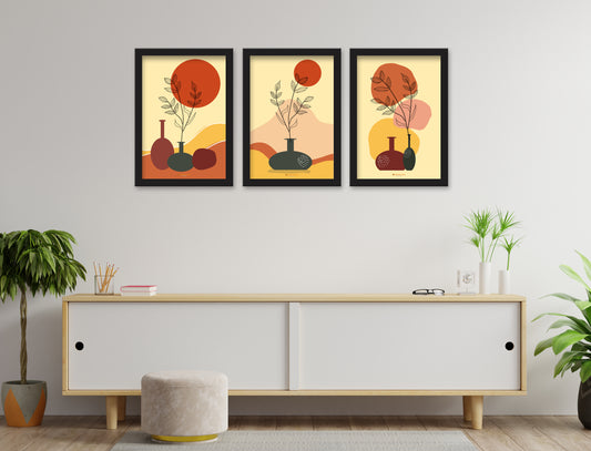 Orange background  Printed Abstract Painting Wall Art of 3 Piece Wall Décor Set of Framed Wall Hanging Photo Framed | For Hotel, Office & Home