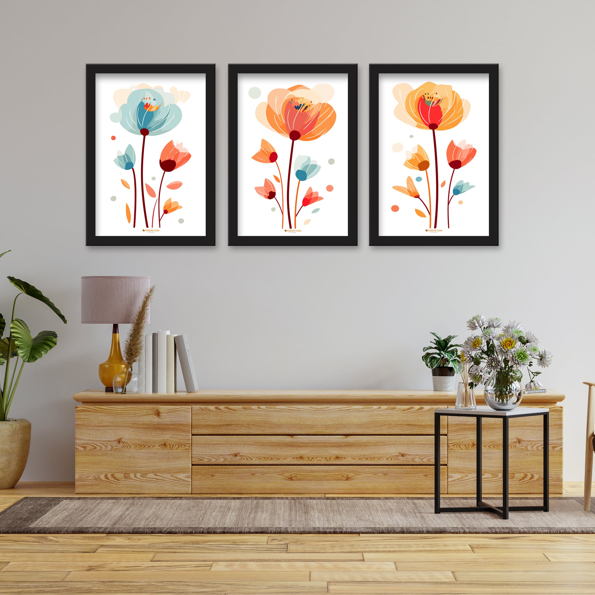 Orange & Blue Printed Abstract Painting Wall Art of 3 Piece Wall Décor Set of Framed Wall Hanging Photo Framed | For Hotel, Office & Home