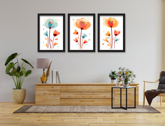 Orange & Blue Printed Abstract Painting Wall Art of 3 Piece Wall Décor Set of Framed Wall Hanging Photo Framed | For Hotel, Office & Home
