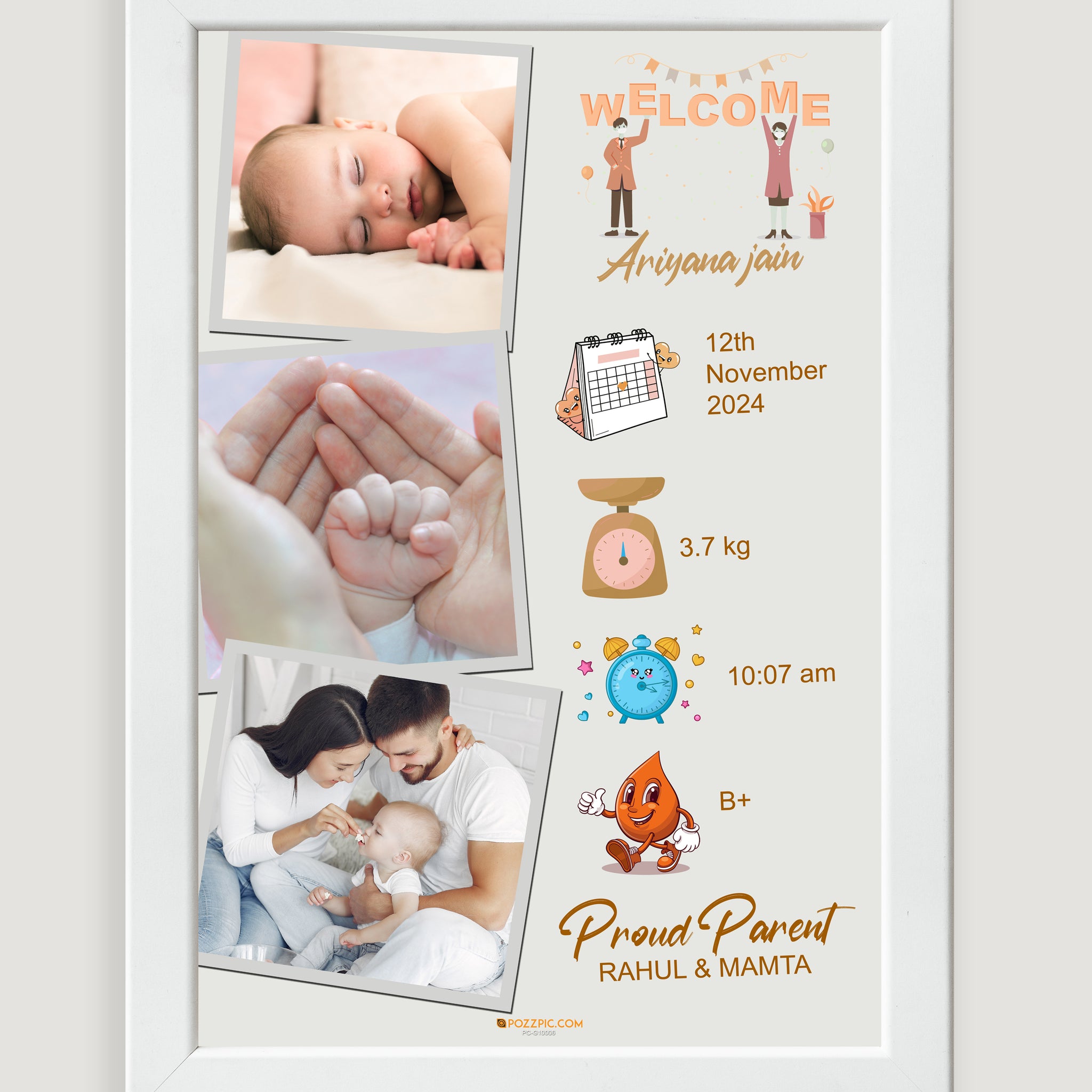 Baby Birthday Customised 3 Photo wtih date and name, parents name weight, white premium quality  Frames
