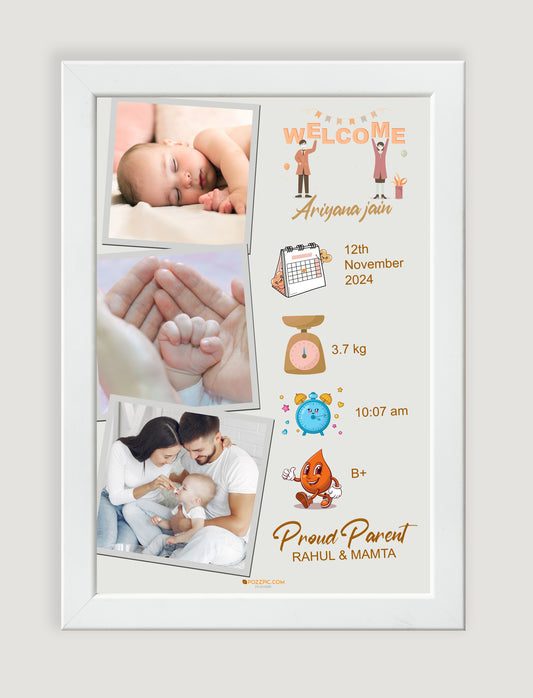 Baby Birthday Customised 3 Photo wtih date and name, parents name weight, white premium quality  Frames