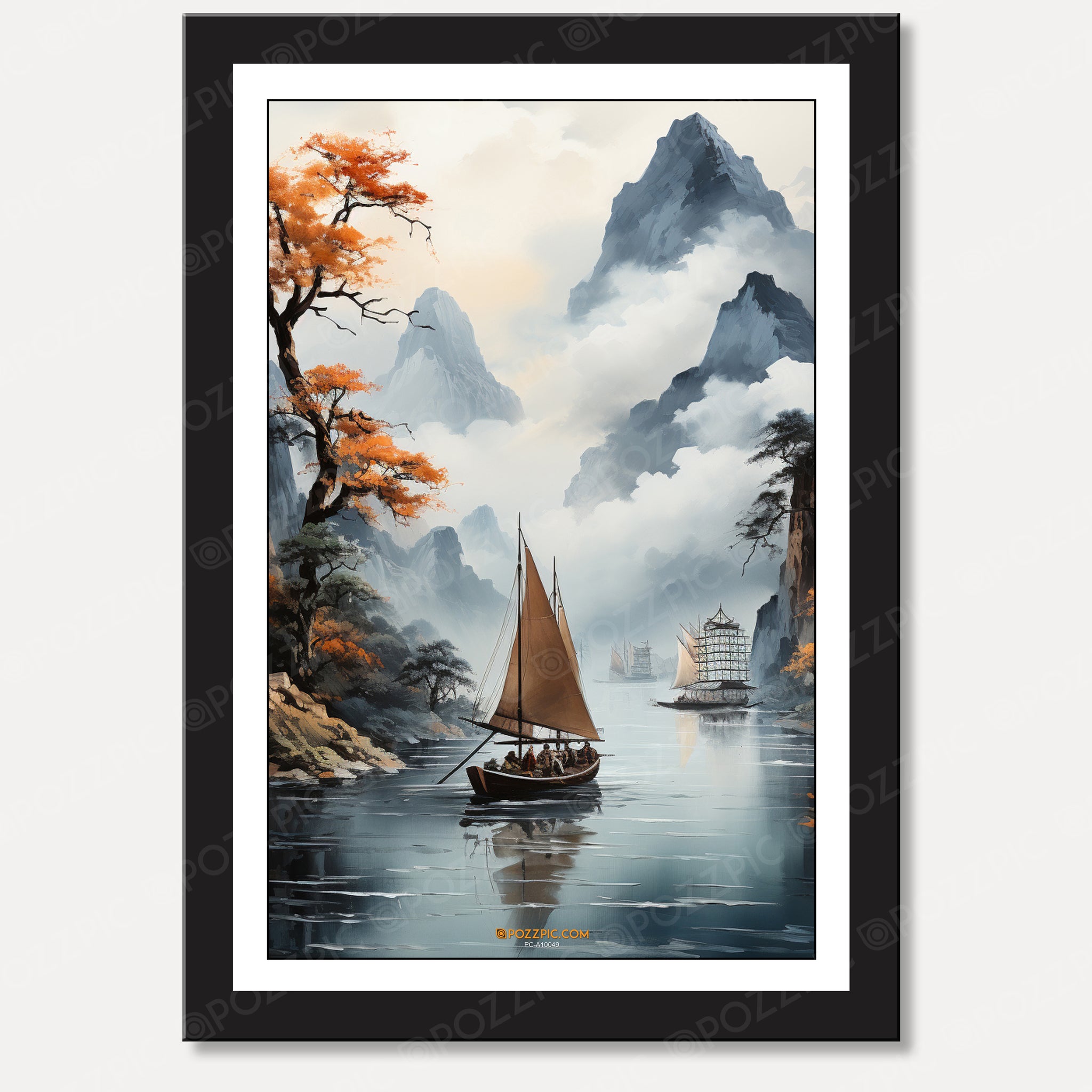 Unique Framed Landscape Painting,Misty Mountains with Sailboat home decor ofiice decor with black framed
