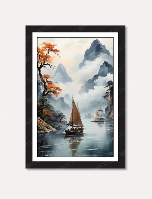 Unique Framed Landscape Painting,Misty Mountains with Sailboat home decor ofiice decor with black framed