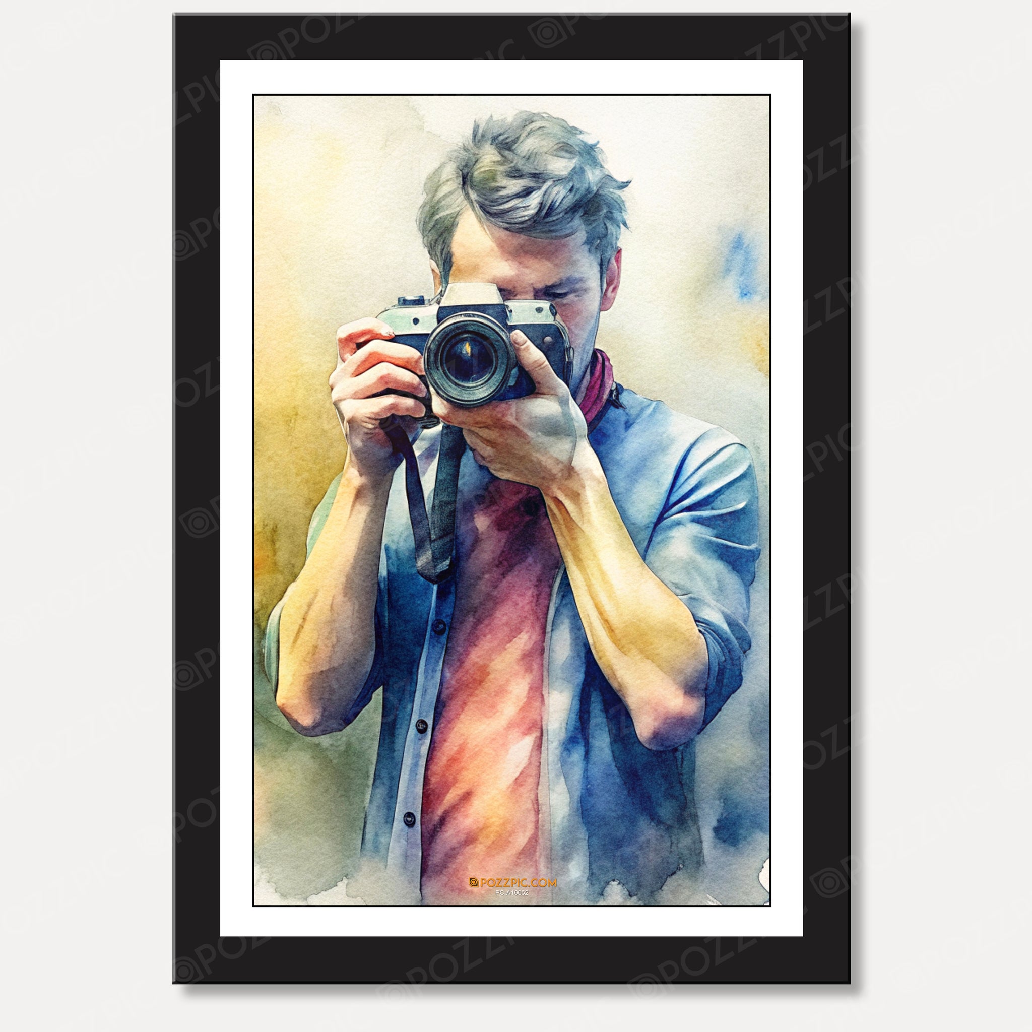 A watercolor painting depicting a man holding a camera, capturing a moment with artistic flair and vibrant colors. for photo studio