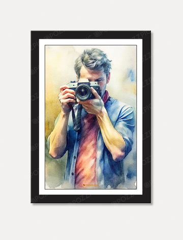 A watercolor painting depicting a man holding a camera, capturing a moment with artistic flair and vibrant colors. for photo studio