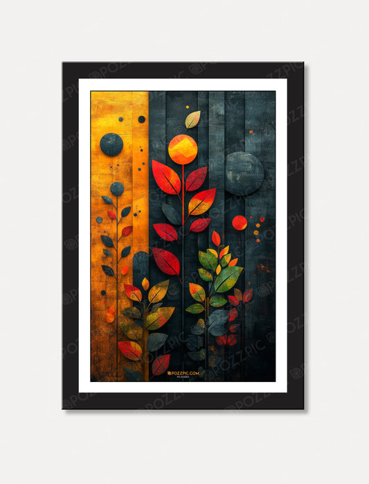 Colorful abstract leaves depicted on a contrasting black background, creating a striking visual effect. for Living Room, Bedroom, Home, Office, Hotels