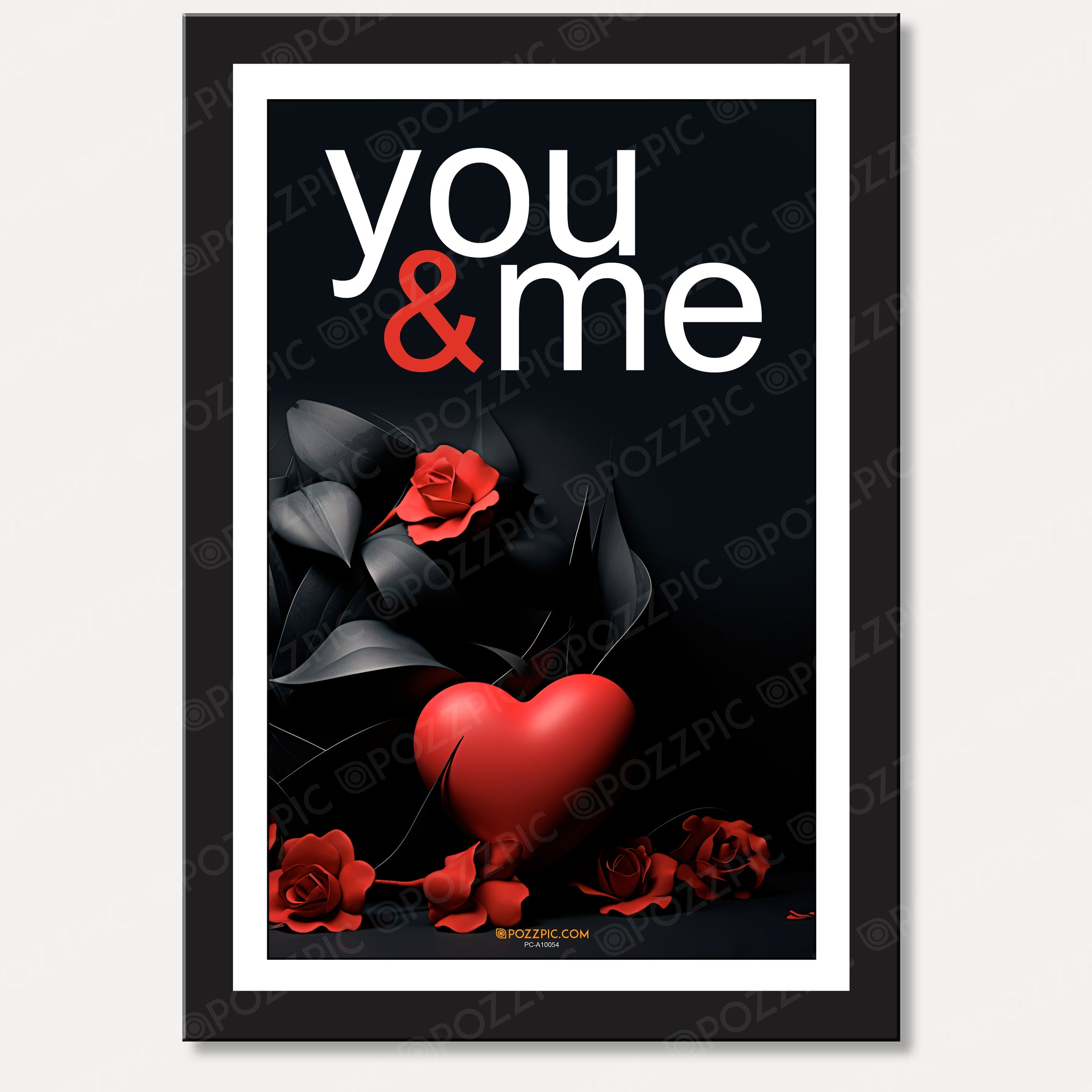 Romantic Wall Art Print, You & Me with Red Heart and Roses, Black Frame, Modern Love Decor Living Room, Bedroom, Home, Office, Hotels