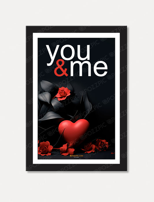 Romantic Wall Art Print, You & Me with Red Heart and Roses, Black Frame, Modern Love Decor Living Room, Bedroom, Home, Office, Hotels