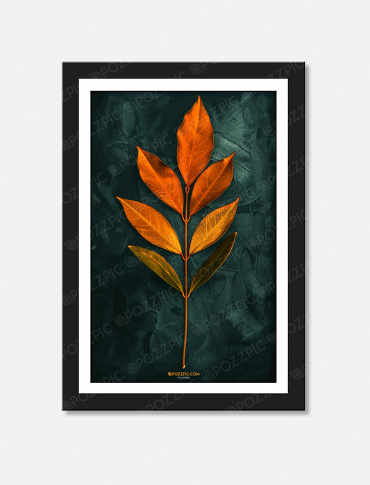 An orange and green leaf rests elegantly on a contrasting black background, highlighting its   Living Room, Bedroom, Home, Office, Hotels            vibrant colors.