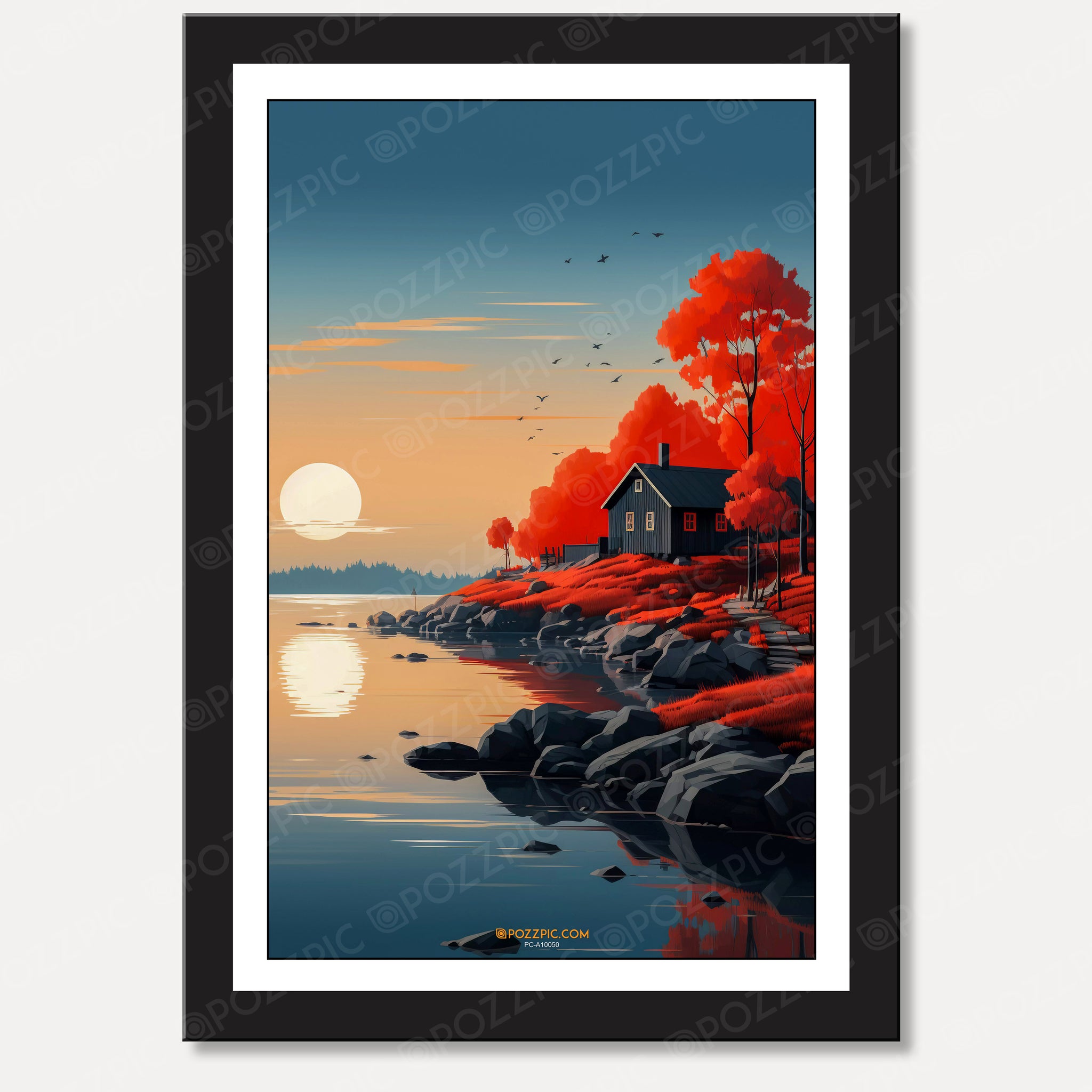 Framed Landscape Wall Art, Sun Scene with House by Lakeunique attractiv useful photo frame forLiving Room, Bedroom, Home, Office, Hotels