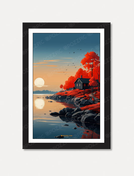 Framed Landscape Wall Art, Sun Scene with House by Lakeunique attractiv useful photo frame forLiving Room, Bedroom, Home, Office, Hotels