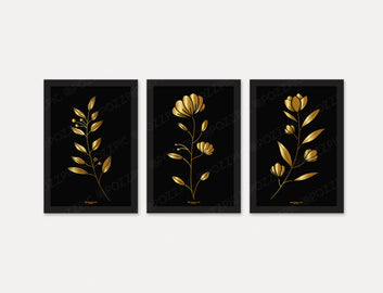 Beautiful Golden Flower and Waves Floating 3 set digital painting for Living Room, Bedroom, Home, Office, Hotels