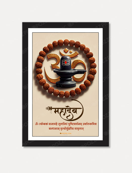 Om Tryambakam Mantra  shiv om mantra with rudraksh mala shvling photo framed for home and office decor