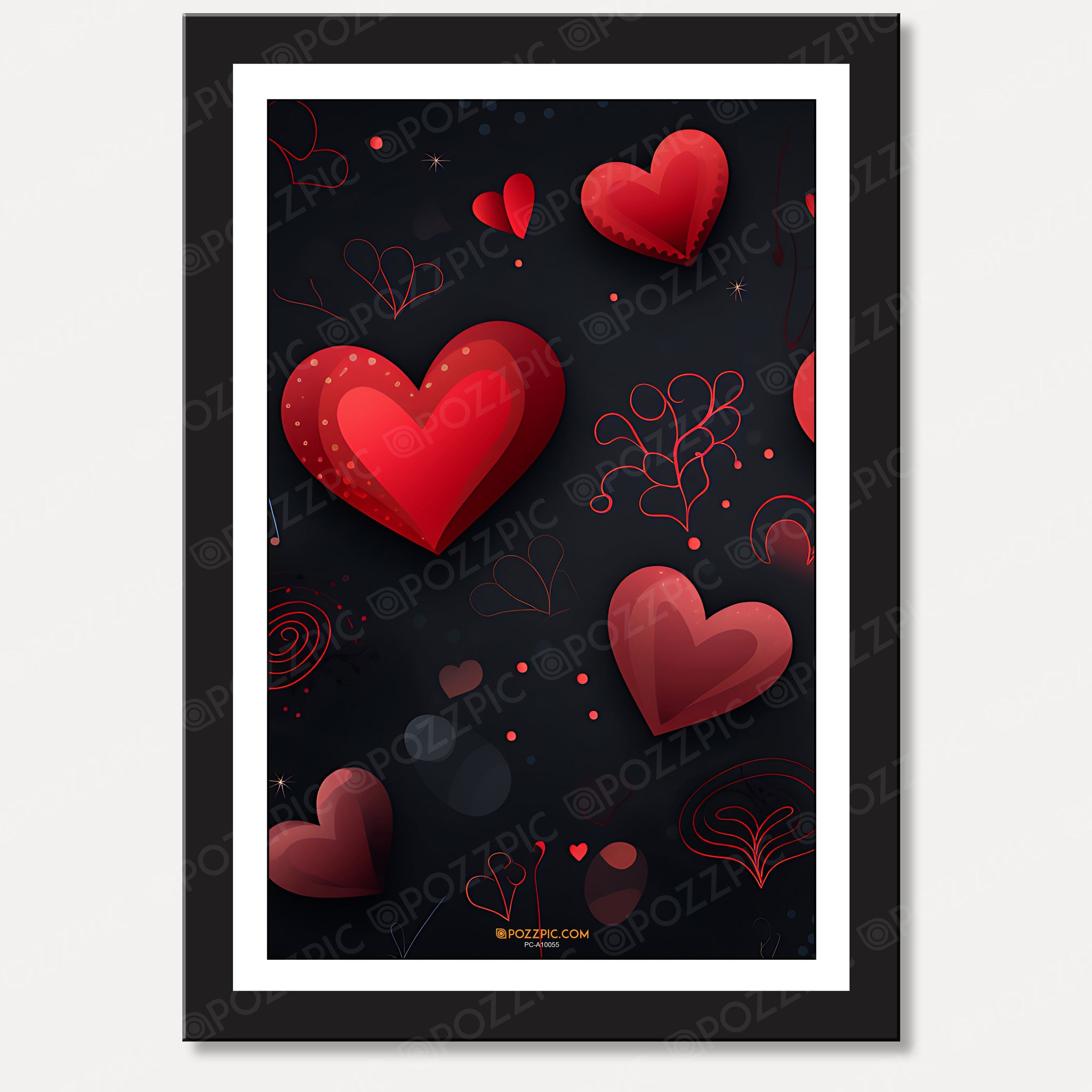Modern Love Hearts Wall Art Print, Black Frame, Red and Black Romantic Design, 3D EffectLiving Room, Bedroom, Home, Office, Hotels