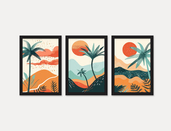 Sun with Coconut tree 3 Piece Set of Framed Wall Hanging Photo Frame | For Hotel, Office & Home