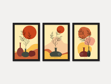 Orange background  Printed Abstract Painting Wall Art of 3 Piece Wall Décor Set of Framed Wall Hanging Photo Framed | For Hotel, Office & Home