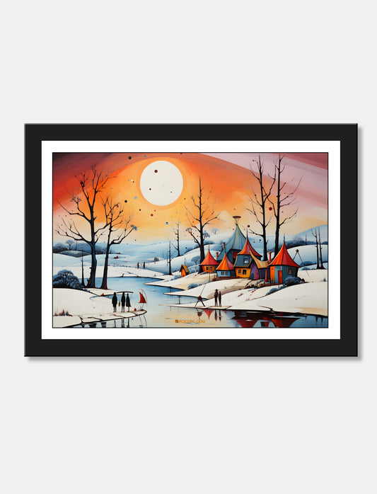 Mountains With Sun and hut Nature Canvas Painting framed for Living Room, Bedroom, Home, Office, Hotels decore