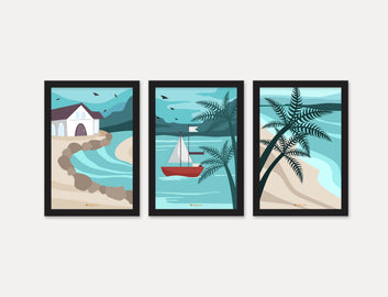 Coconut tree & boat 3 Piece Set of Framed Wall Hanging Photo Frame | For Hotel, Office & Home