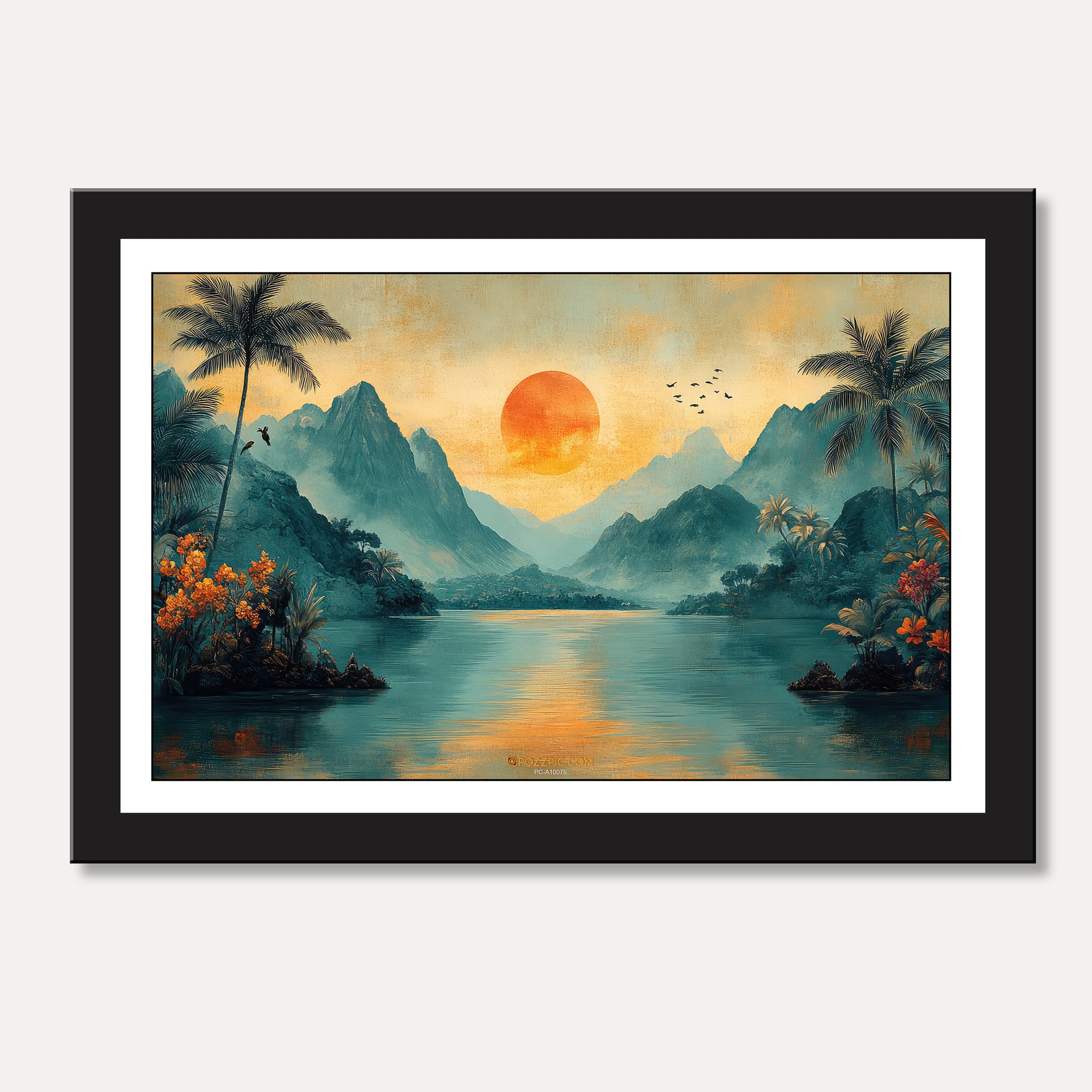 Mountains With Sun Nature Canvas Painting framed for Living Room, Bedroom, Home, Office, Hotels decore